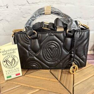 Valentino Orlandi NWT Quilted Black Mini Satchel Crossbody strap Vegan leather